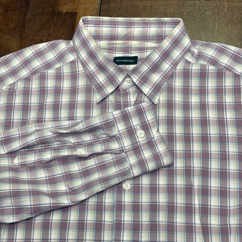 Ermenegildo Zegna Button Down Shirt Mens XL Purple Plaid Long Sleeve Cotton OCBD